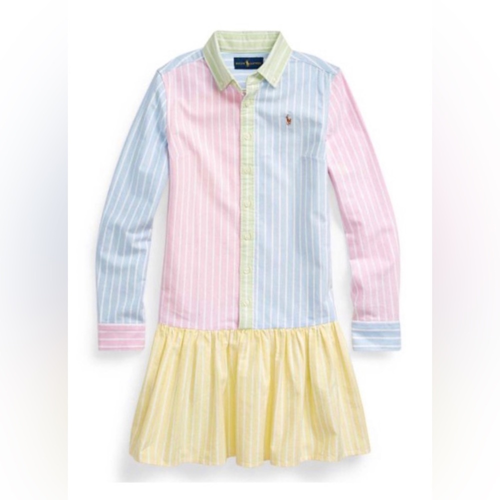 Polo Ralph Lauren Striped Color Block Oxford Dress Girls Size 10 pink blue EUC
